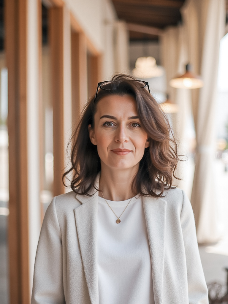 Ania – założycielka Czułej Marki, stojąca w łagodnie oświetlonym miejscu, delikatnie się uśmiechająca w jasnej marynarce – portret spokoju, elegancji i kreatywnej pewności siebie.